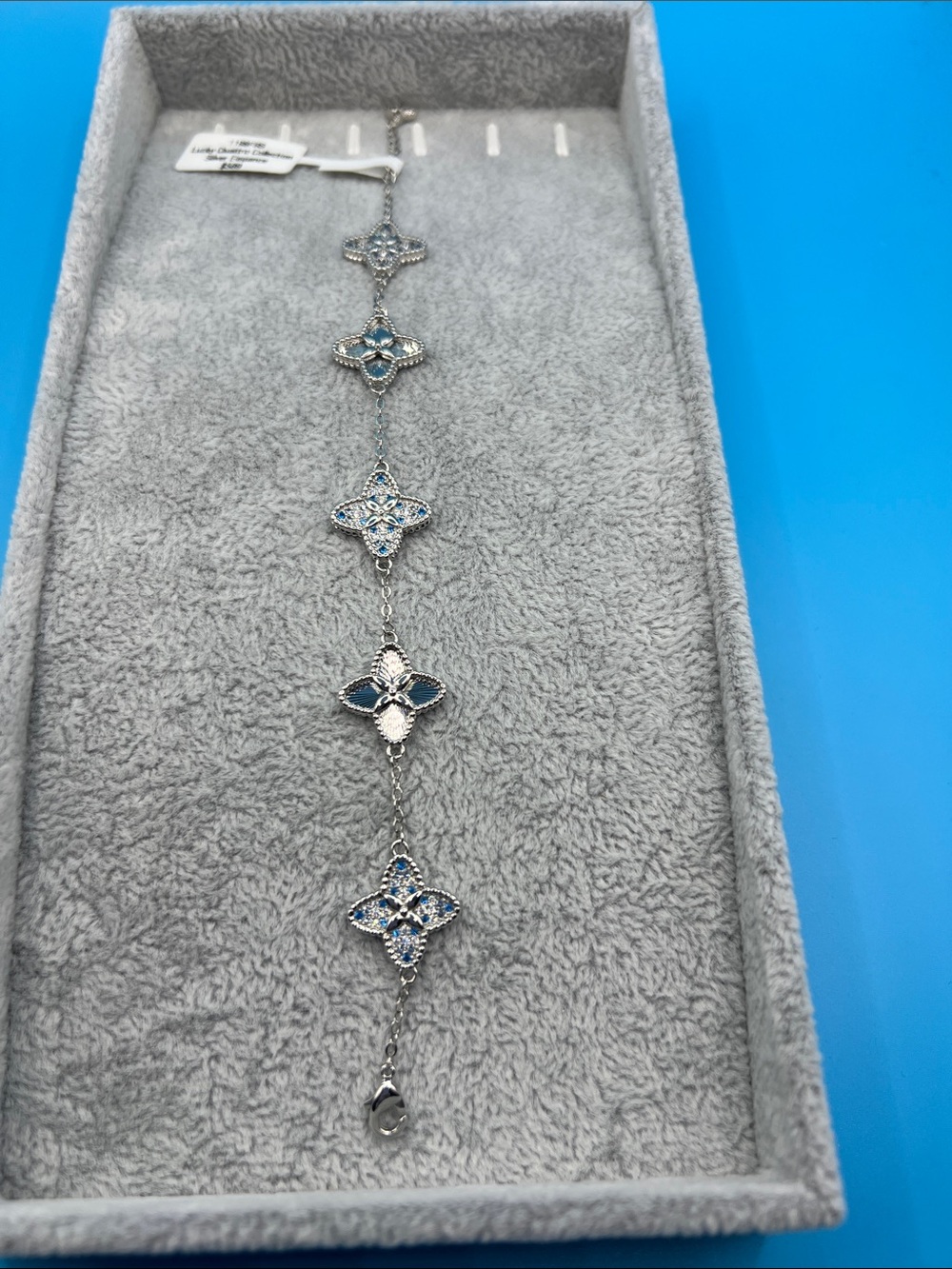 Delicate Silver-Tone Blue Crystal Floral Link Bracelet